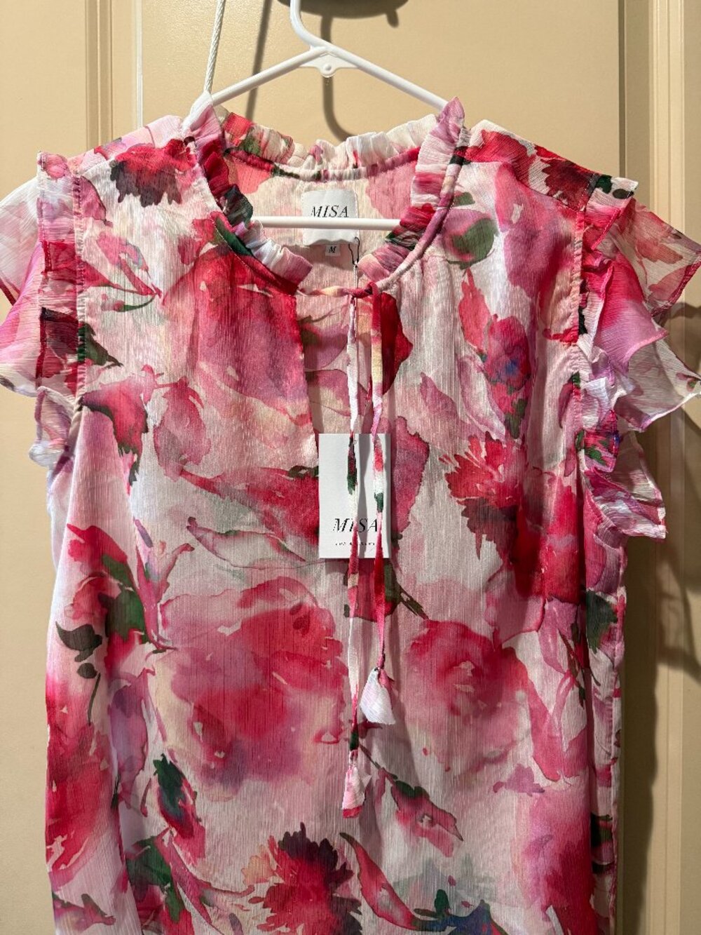 MISA Los Angeles NWT Floral Ruffle Sleeve Blouse Pink NWT M